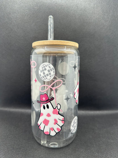 Cute Disco Cowgirl Ghosts 16oz Glass Tumbler with Straw