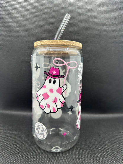 Cute Disco Cowgirl Ghosts 16oz Glass Tumbler with Straw
