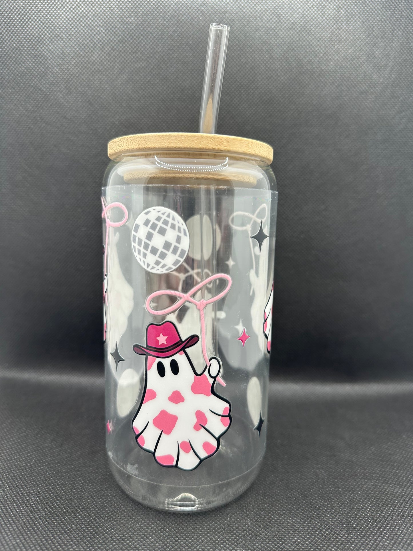 Cute Disco Cowgirl Ghosts 16oz Glass Tumbler with Straw