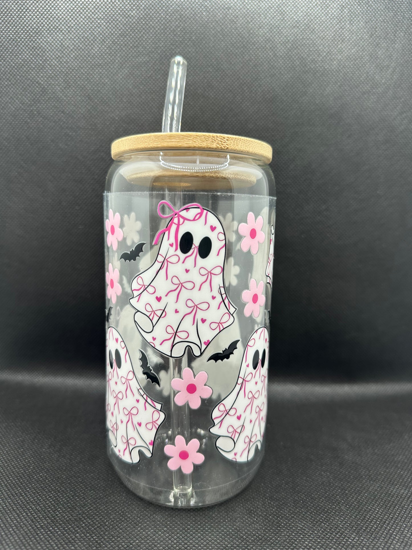 Cute Bow Ghosts 16oz Glass Tumbler with Straw