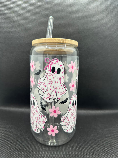 Cute Bow Ghosts 16oz Glass Tumbler with Straw