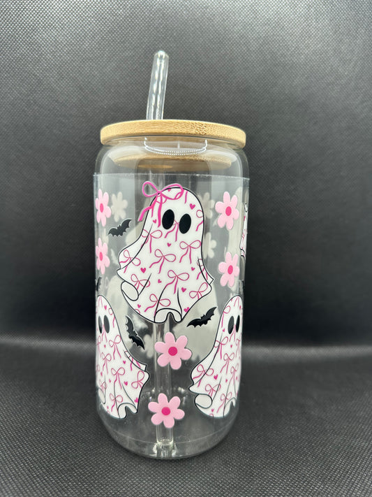Cute Bow Ghosts 16oz Glass Tumbler with Straw