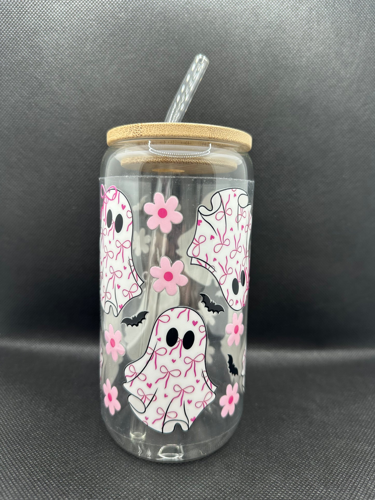 Cute Bow Ghosts 16oz Glass Tumbler with Straw