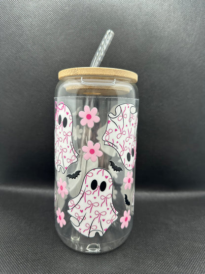 Cute Bow Ghosts 16oz Glass Tumbler with Straw