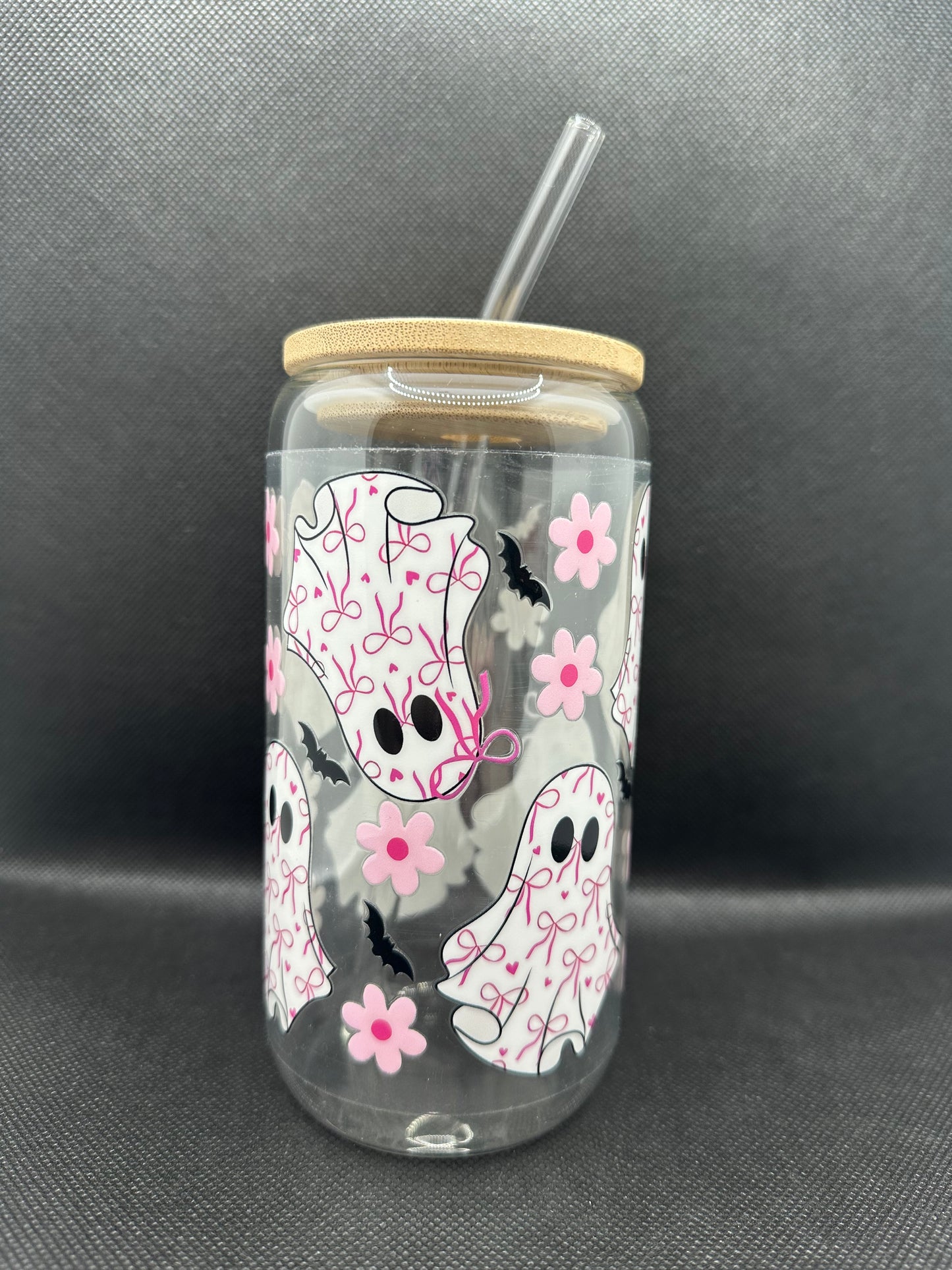 Cute Bow Ghosts 16oz Glass Tumbler with Straw
