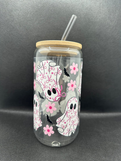 Cute Bow Ghosts 16oz Glass Tumbler with Straw