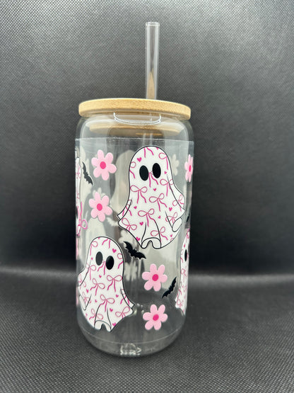 Cute Bow Ghosts 16oz Glass Tumbler with Straw