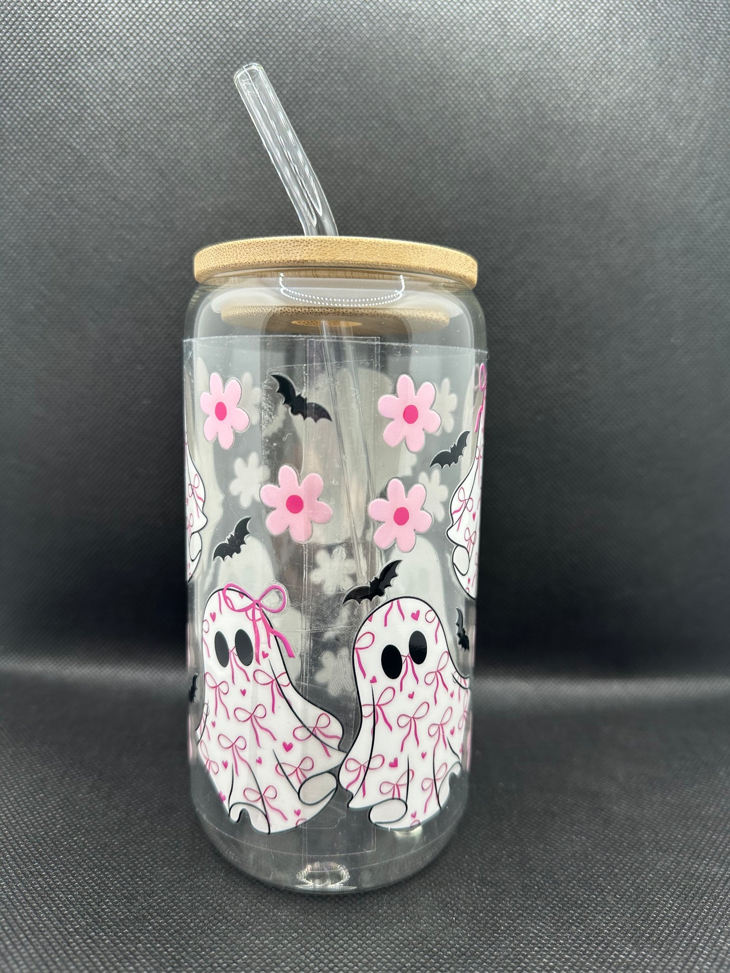 Cute Bow Ghosts 16oz Glass Tumbler with Straw