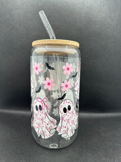 Cute Bow Ghosts 16oz Glass Tumbler with Straw