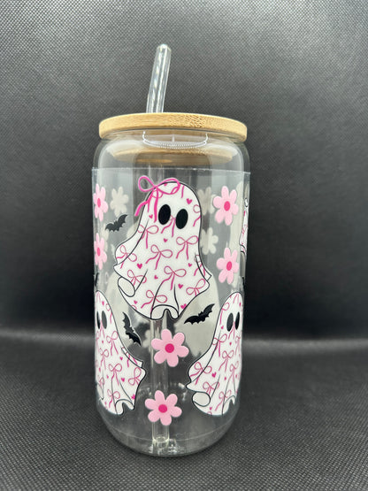 Cute Bow Ghosts 16oz Glass Tumbler with Straw