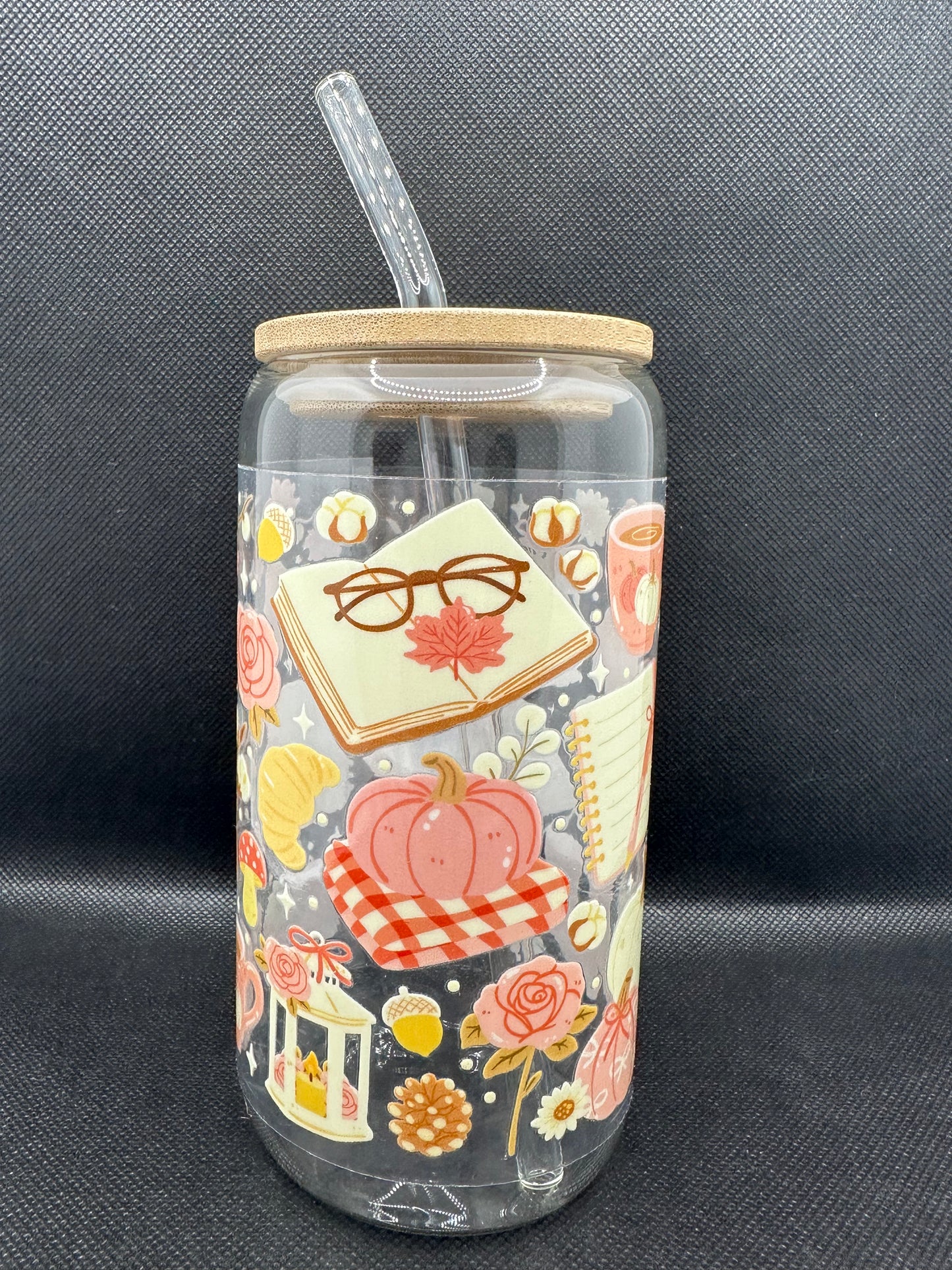 Cosy Bookish Pumpkin Spice Aesthetic Glass Tumbler with Straw