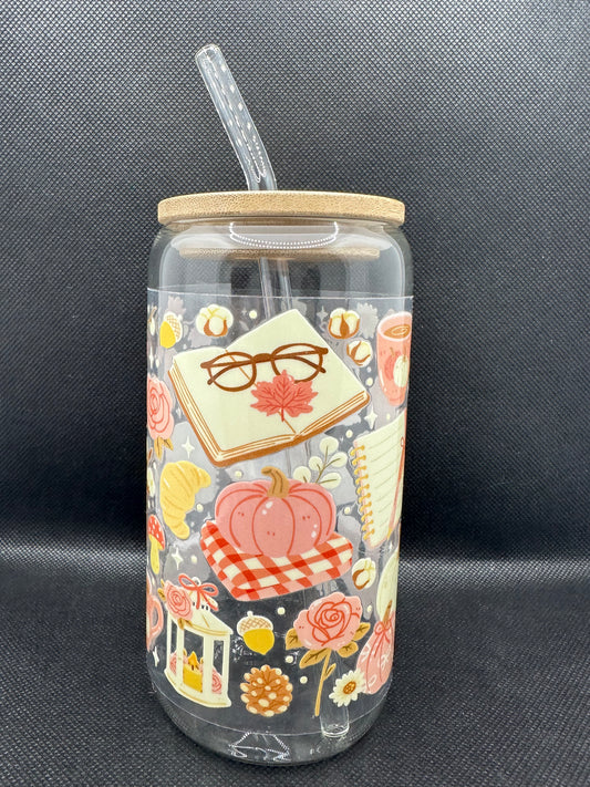 Cosy Bookish Pumpkin Spice Aesthetic Glass Tumbler with Straw