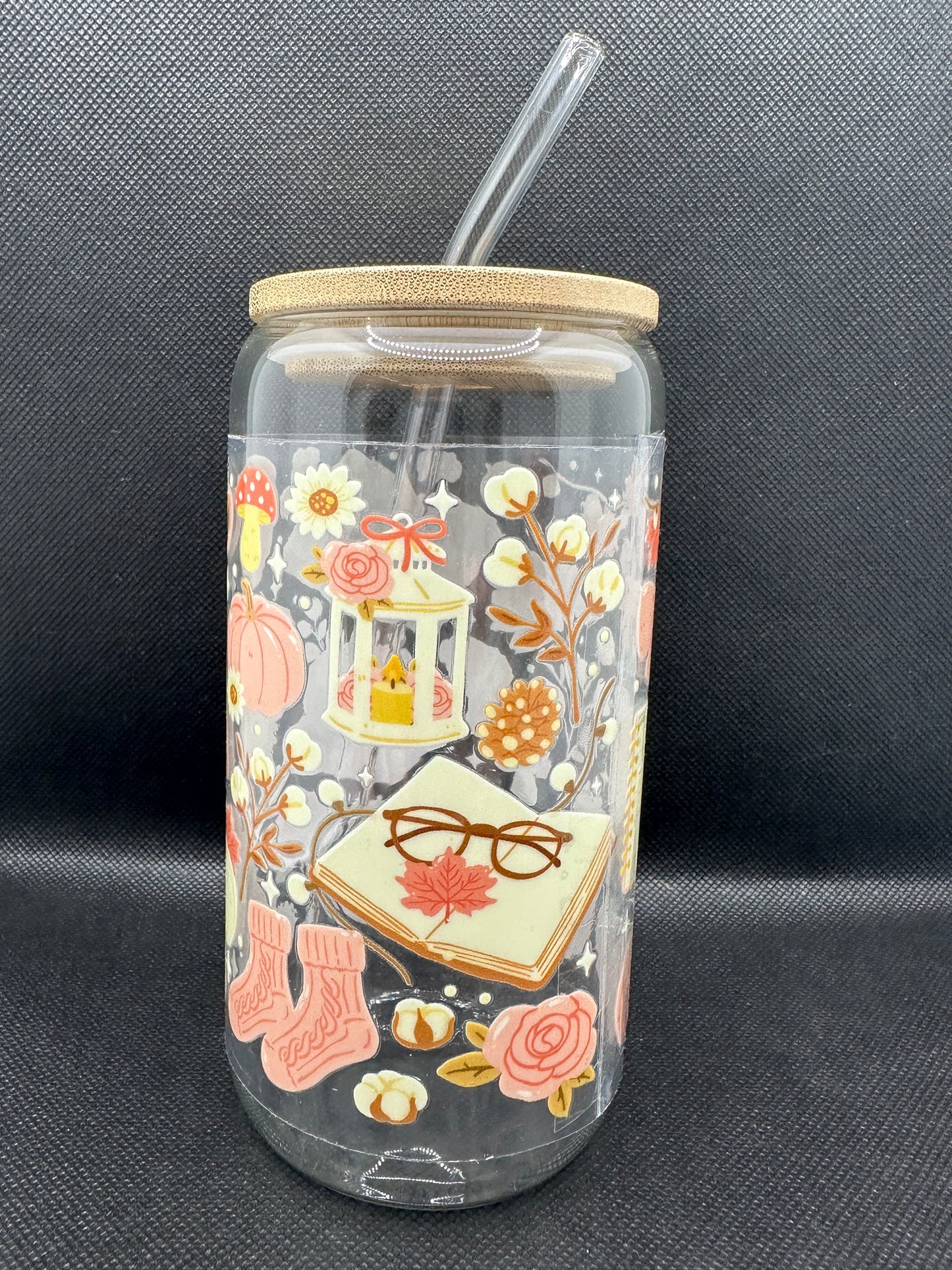 Cosy Bookish Pumpkin Spice Aesthetic Glass Tumbler with Straw
