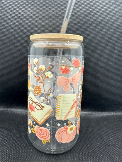Cosy Bookish Pumpkin Spice Aesthetic Glass Tumbler with Straw