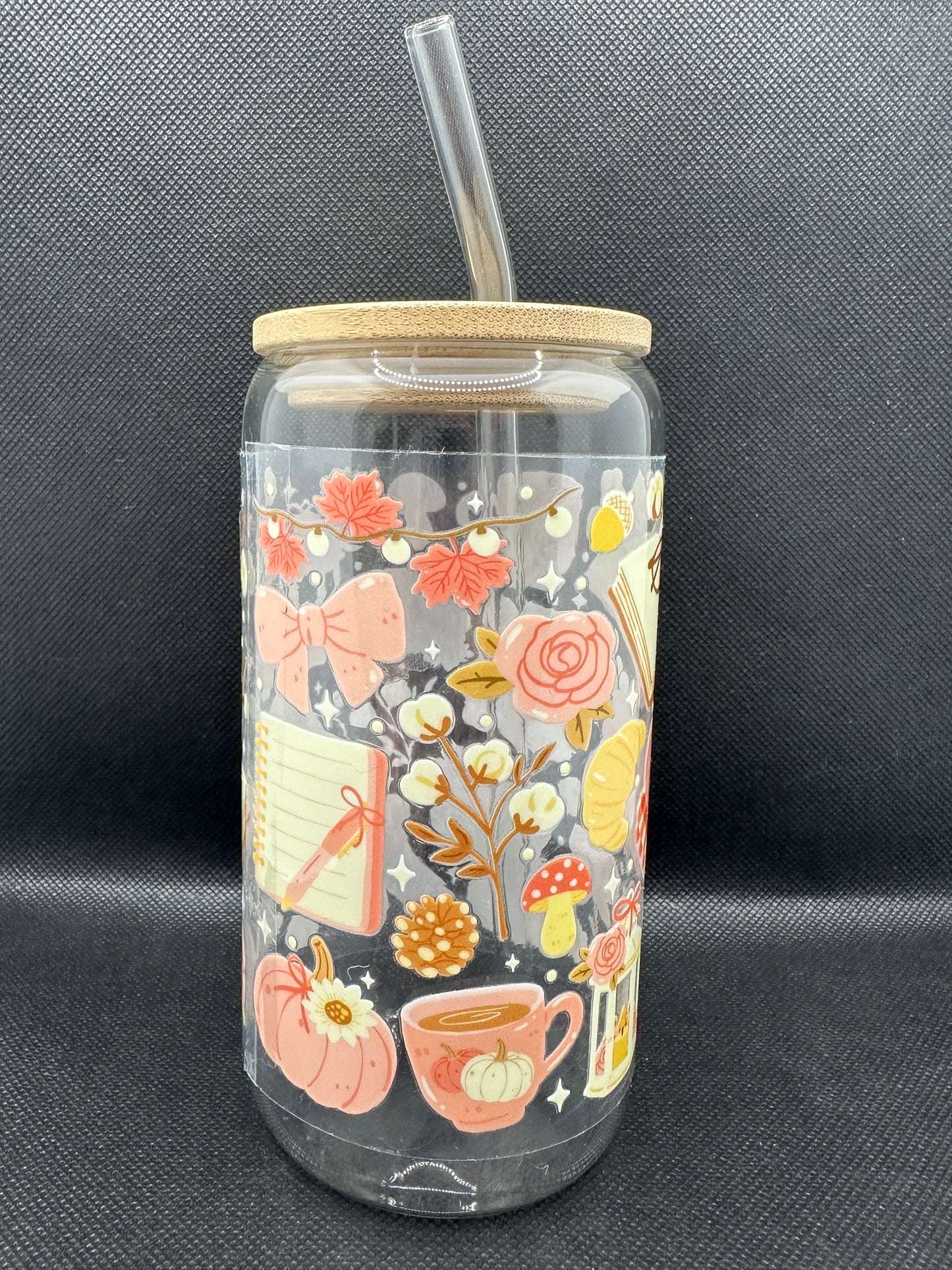 Cosy Bookish Pumpkin Spice Aesthetic Glass Tumbler with Straw