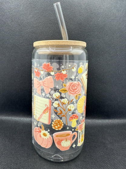Cosy Bookish Pumpkin Spice Aesthetic Glass Tumbler with Straw