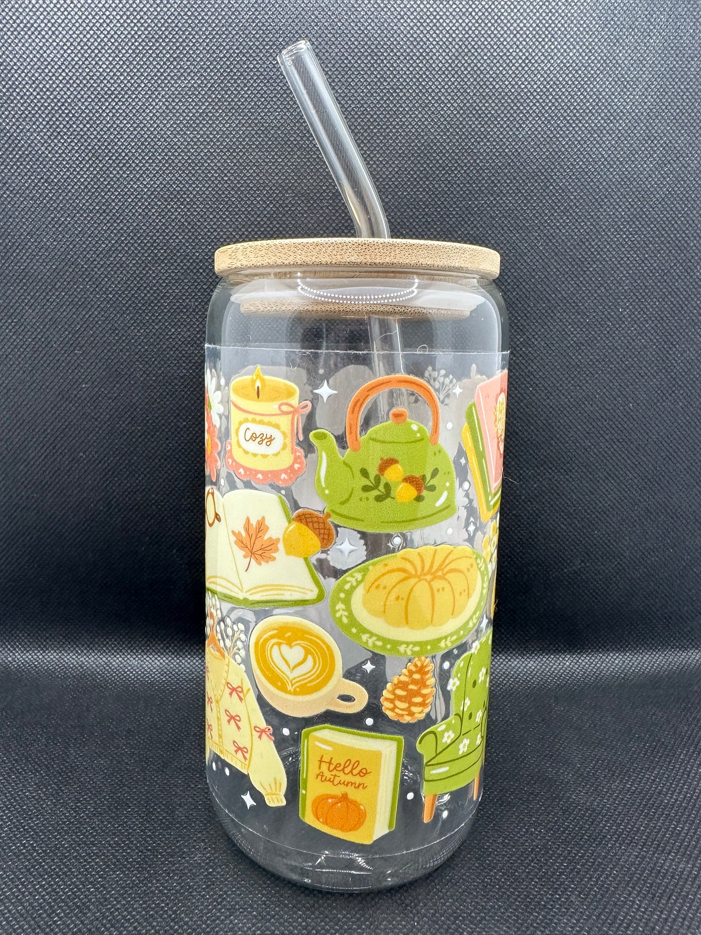 Cosy Bookish Pumpkin Spice Aesthetic Glass Tumbler with Straw