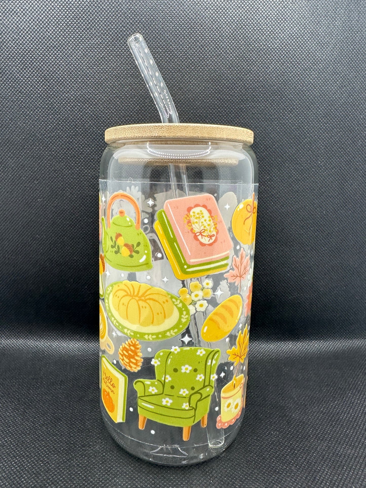 Cosy Bookish Pumpkin Spice Aesthetic Glass Tumbler with Straw