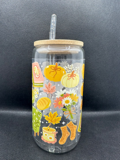 Cosy Bookish Pumpkin Spice Aesthetic Glass Tumbler with Straw