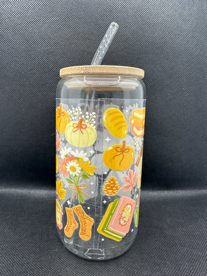 Cosy Bookish Pumpkin Spice Aesthetic Glass Tumbler with Straw