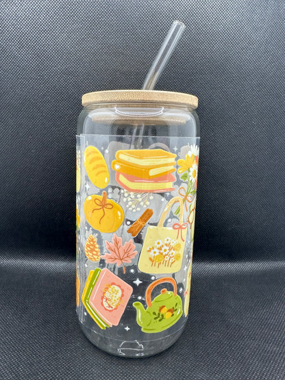 Cosy Bookish Pumpkin Spice Aesthetic Glass Tumbler with Straw