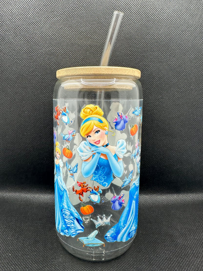 Blue Princess Movie 16oz Clear Glass Tumbler with Straw