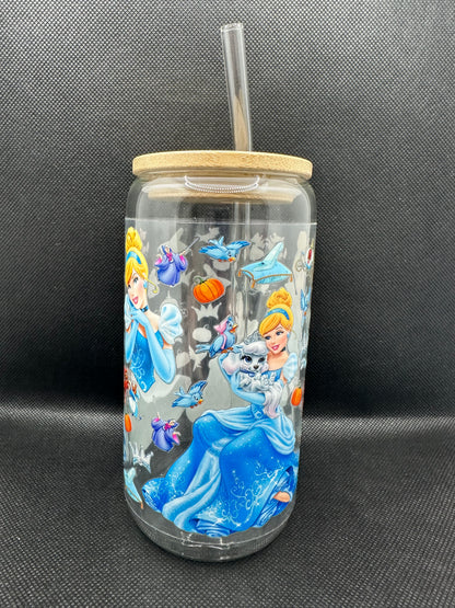Blue Princess Movie 16oz Clear Glass Tumbler with Straw