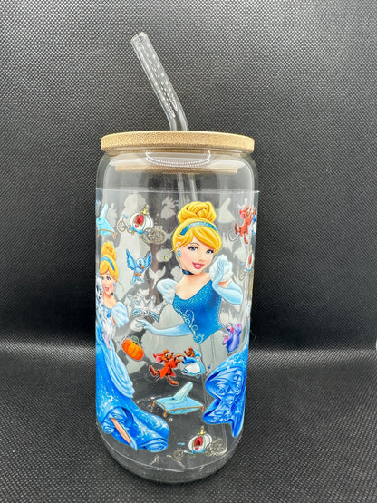 Blue Princess Movie 16oz Clear Glass Tumbler with Straw