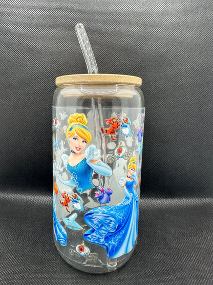 Blue Princess Movie 16oz Clear Glass Tumbler with Straw
