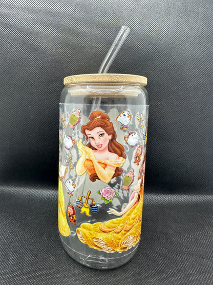 Yellow Princess Movie 16oz Clear Glass Tumbler with Straw
