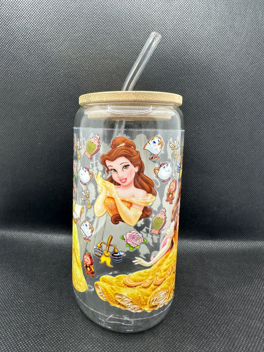 Yellow Princess Movie 16oz Clear Glass Tumbler with Straw