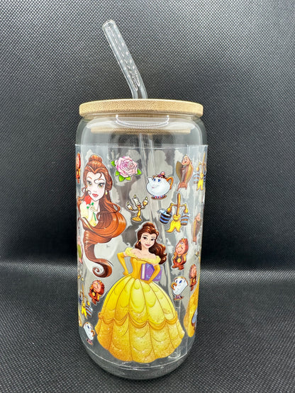 Yellow Princess Movie 16oz Clear Glass Tumbler with Straw