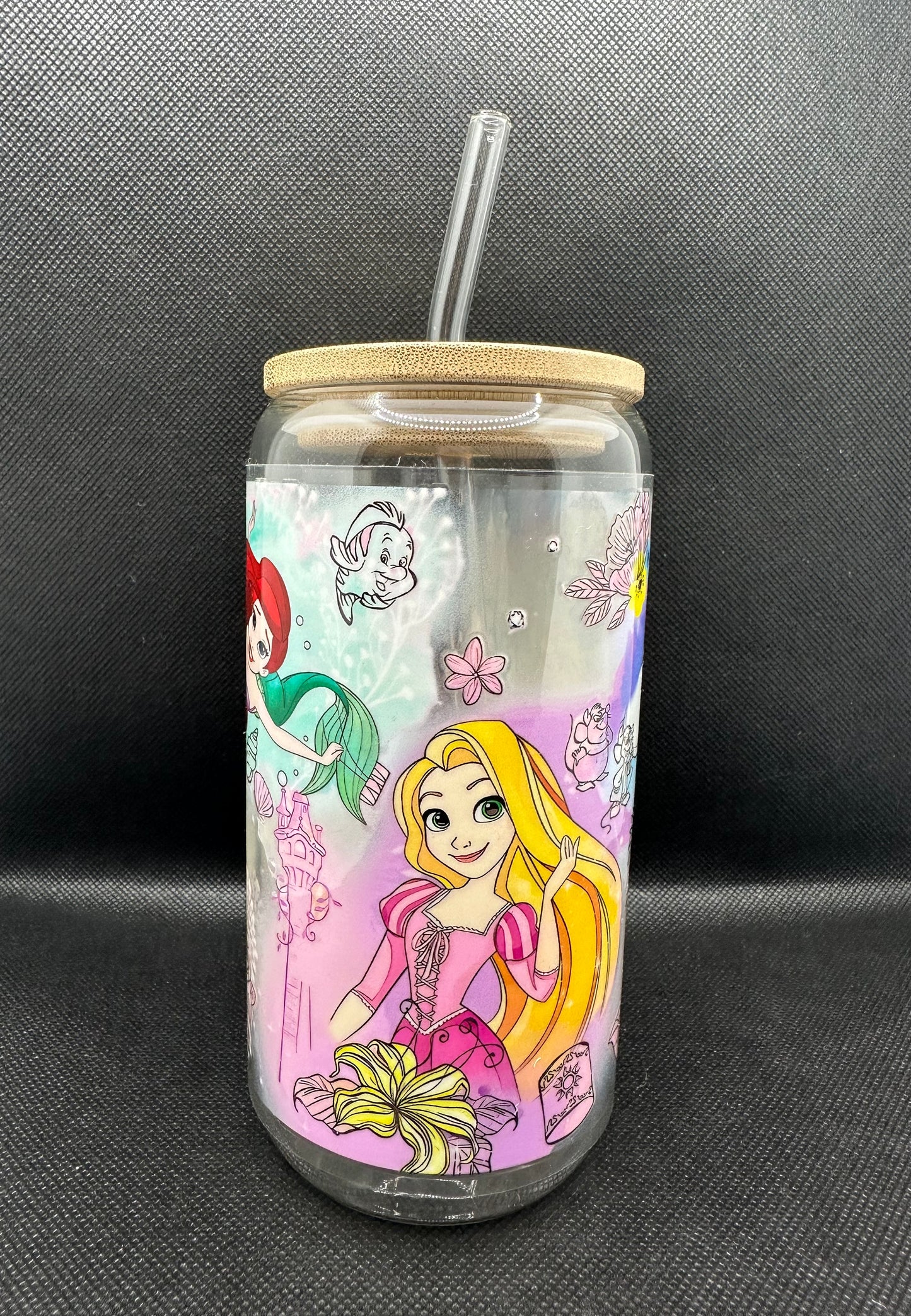 Multiple Princesses 16oz Clear Glass Tumbler with Straw