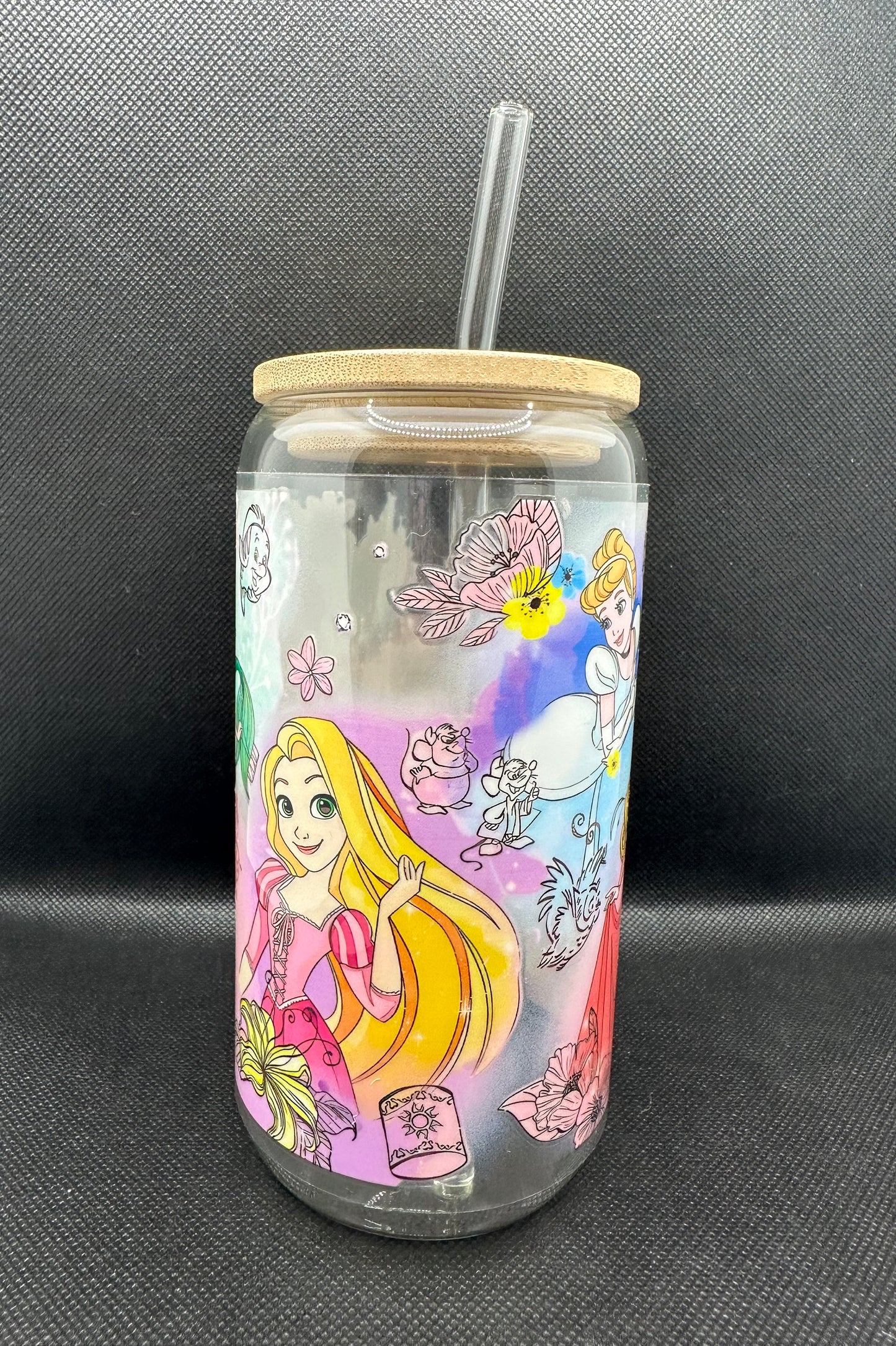 Multiple Princesses 16oz Clear Glass Tumbler with Straw