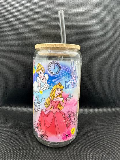 Multiple Princesses 16oz Clear Glass Tumbler with Straw
