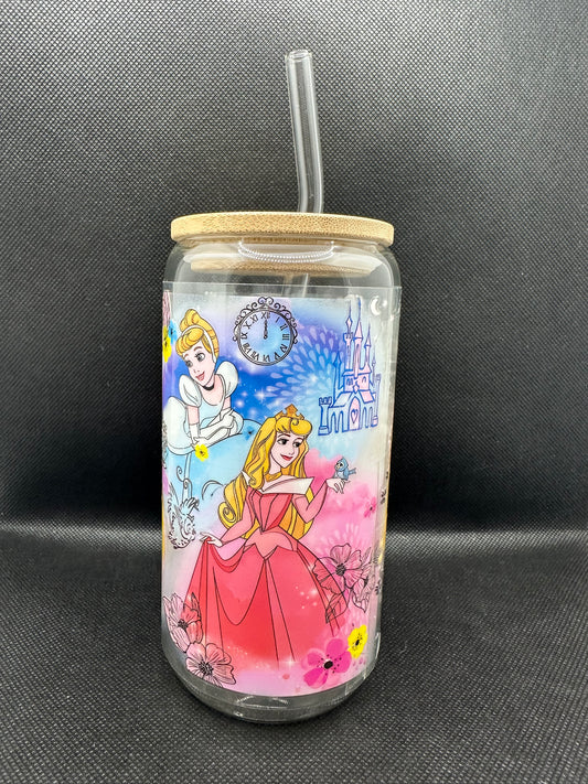 Multiple Princesses 16oz Clear Glass Tumbler with Straw