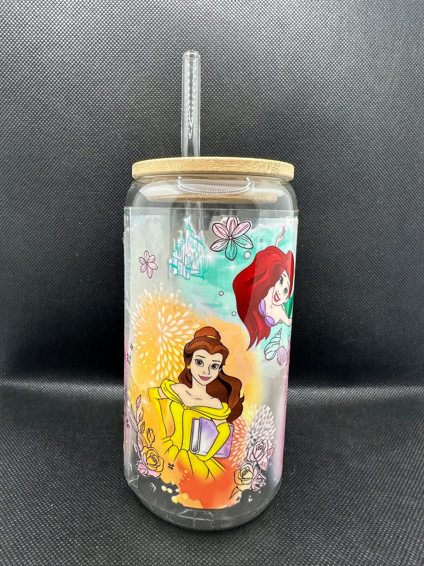 Multiple Princesses 16oz Clear Glass Tumbler with Straw