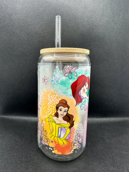 Multiple Princesses 16oz Clear Glass Tumbler with Straw