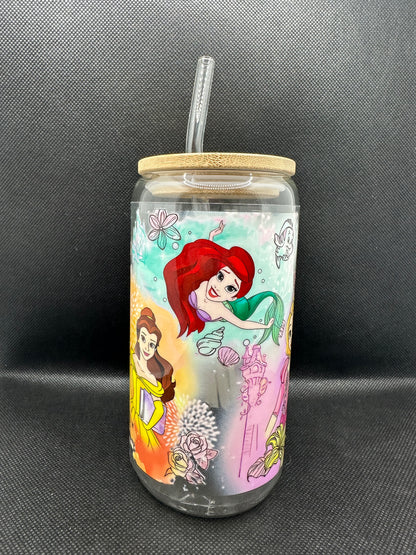 Multiple Princesses 16oz Clear Glass Tumbler with Straw