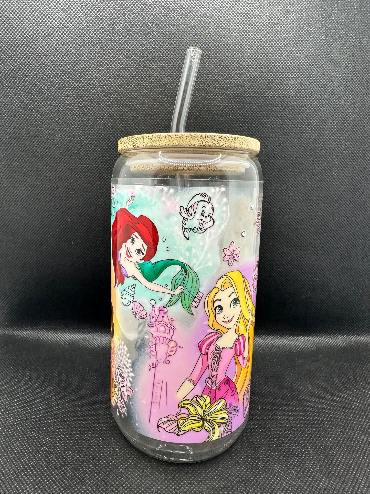 Multiple Princesses 16oz Clear Glass Tumbler with Straw