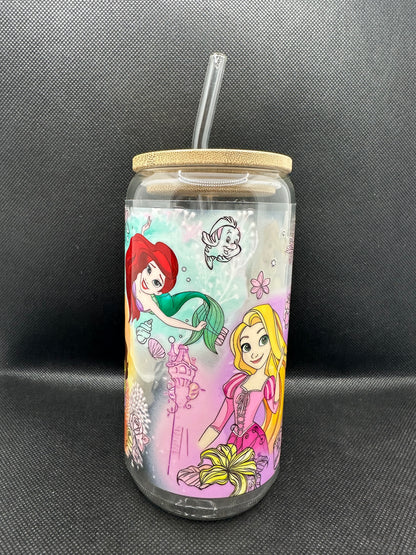 Multiple Princesses 16oz Clear Glass Tumbler with Straw