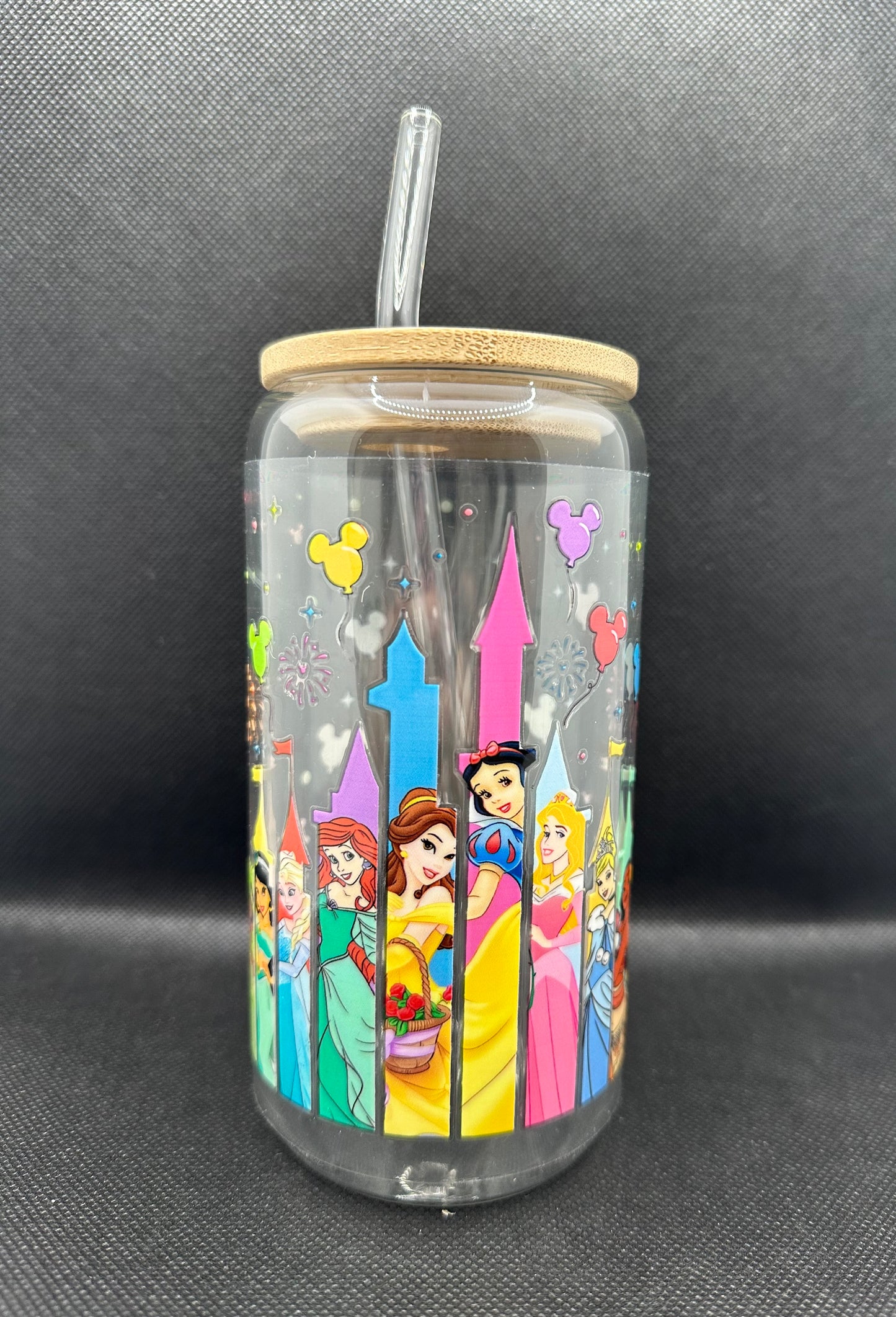 Multiple Princesses 16oz Clear Glass Tumbler with Straw