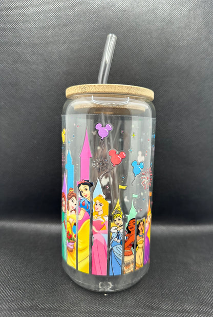 Multiple Princesses 16oz Clear Glass Tumbler with Straw