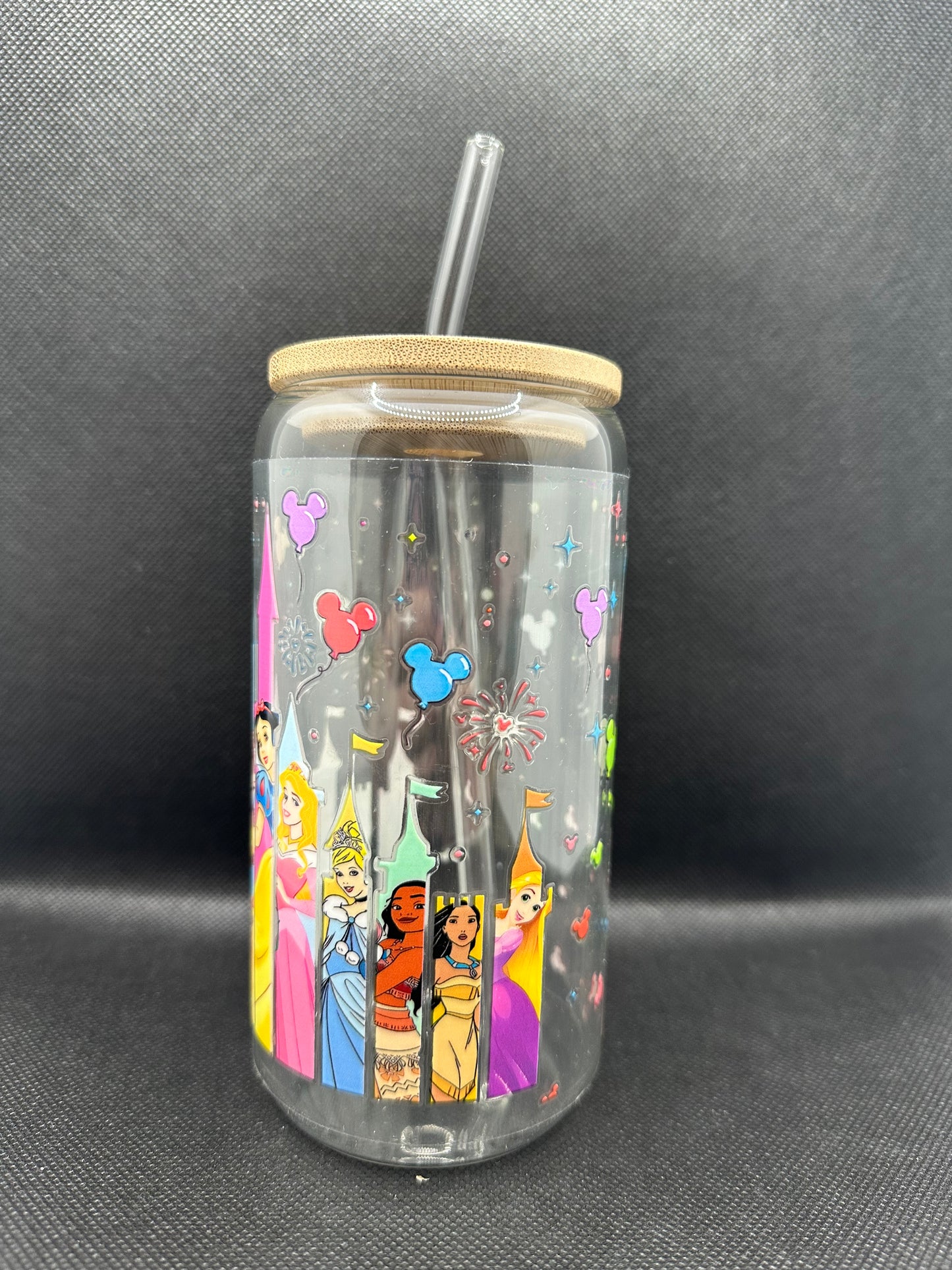 Multiple Princesses 16oz Clear Glass Tumbler with Straw