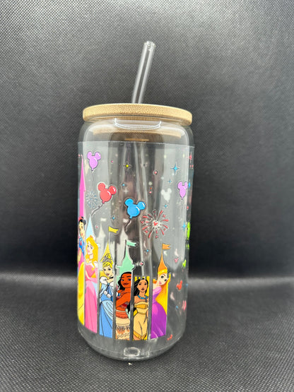 Multiple Princesses 16oz Clear Glass Tumbler with Straw