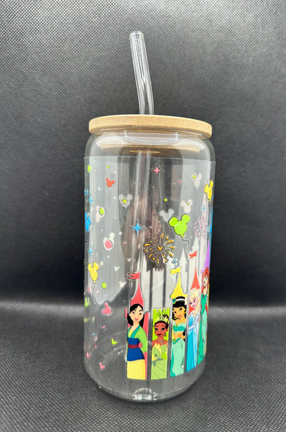 Multiple Princesses 16oz Clear Glass Tumbler with Straw