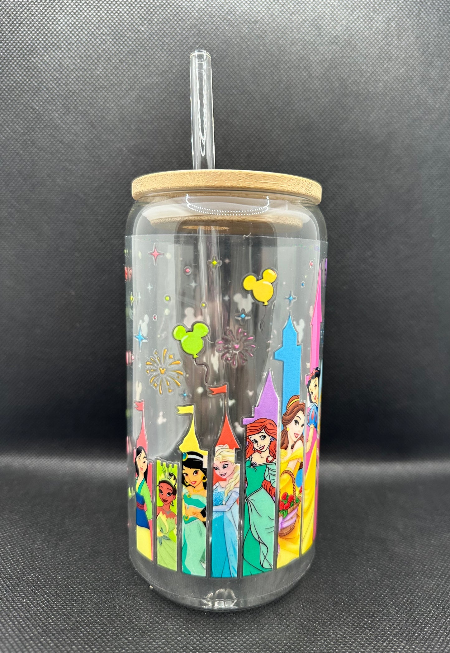 Multiple Princesses 16oz Clear Glass Tumbler with Straw
