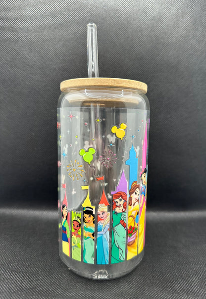 Multiple Princesses 16oz Clear Glass Tumbler with Straw