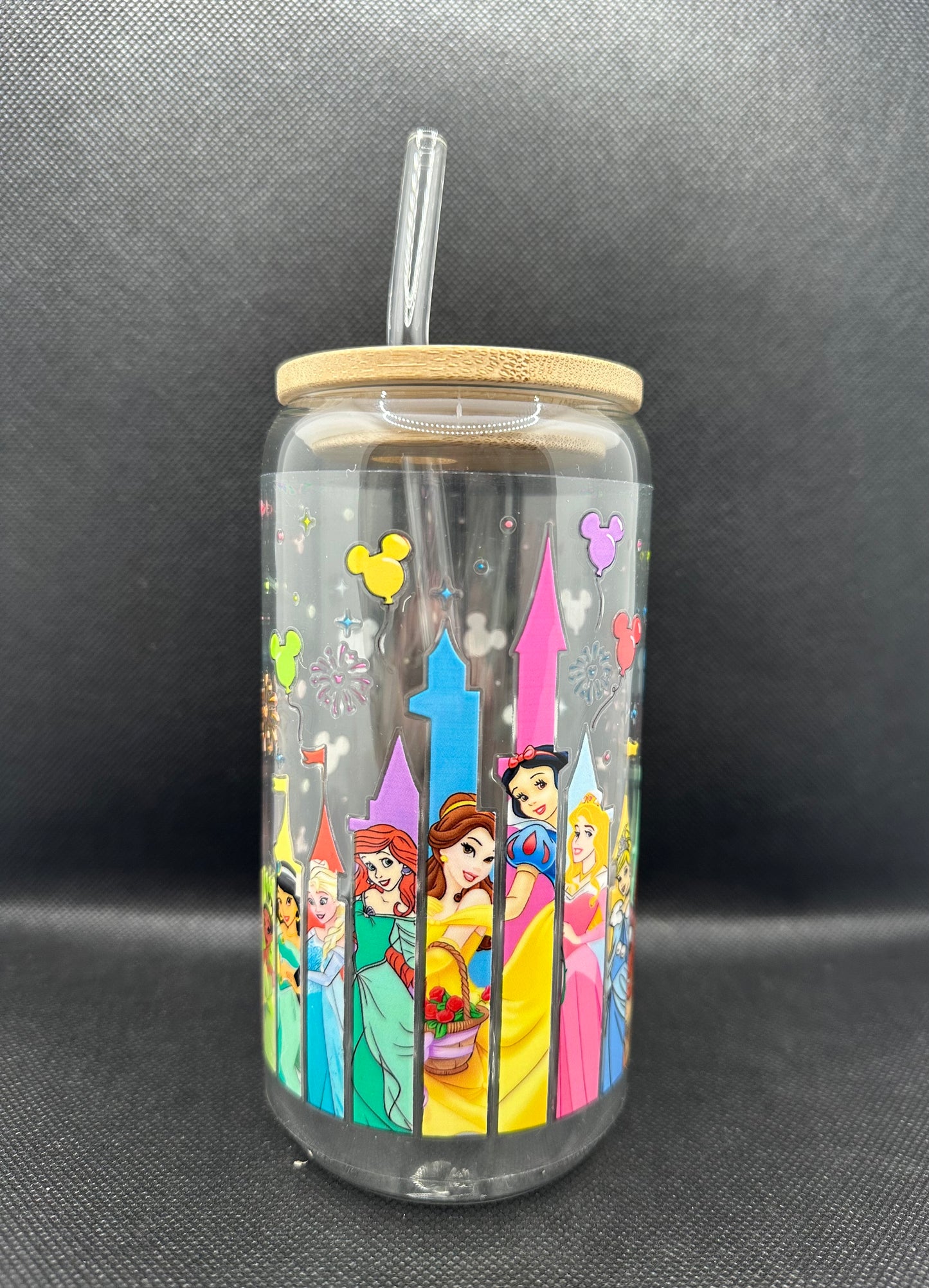 Multiple Princesses 16oz Clear Glass Tumbler with Straw