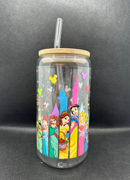 Multiple Princesses 16oz Clear Glass Tumbler with Straw